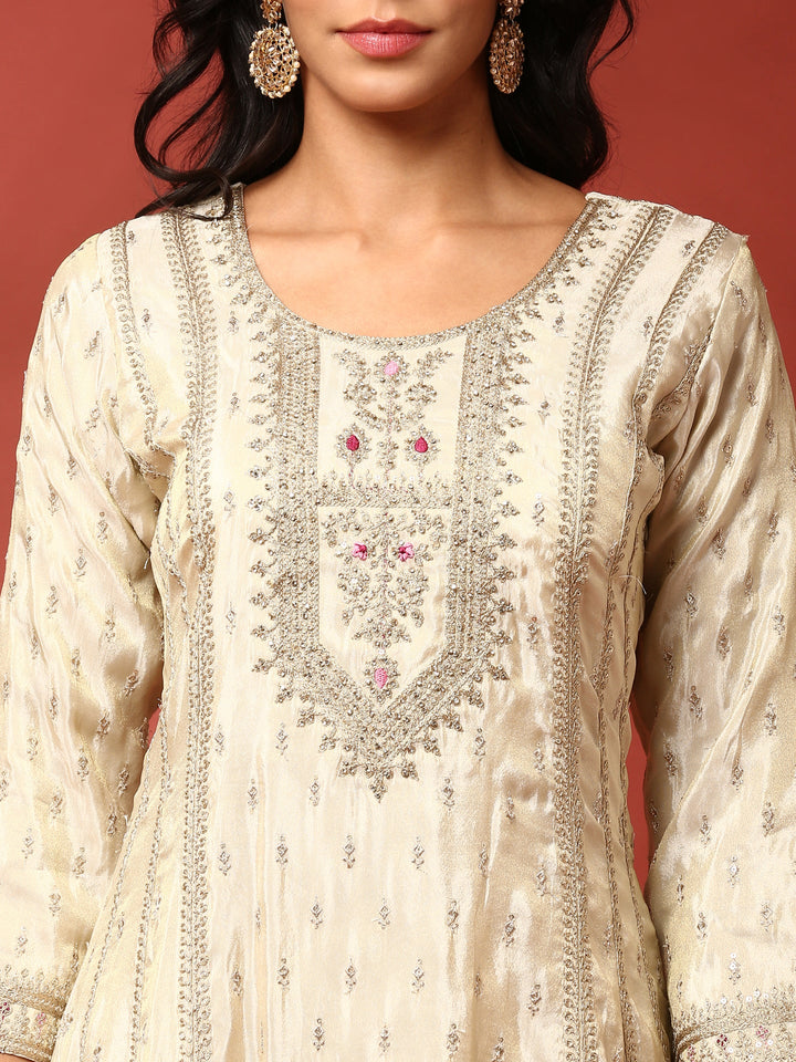 Beige three piece tissue silk hand embroidered anarkali set