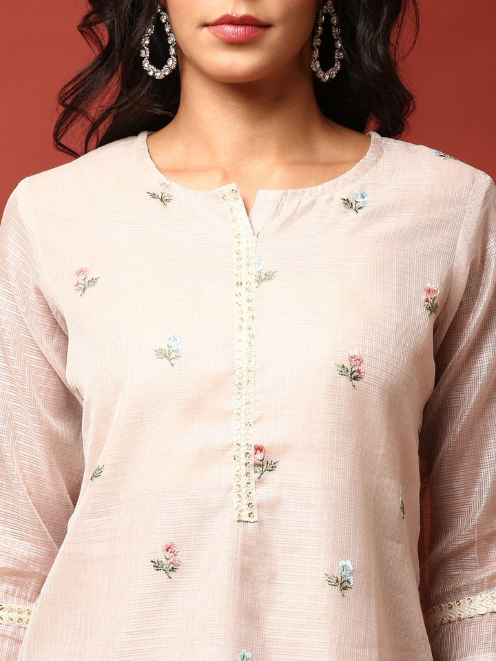 Neerus Beige Chanderi thread embroidered suit set - detail view 1