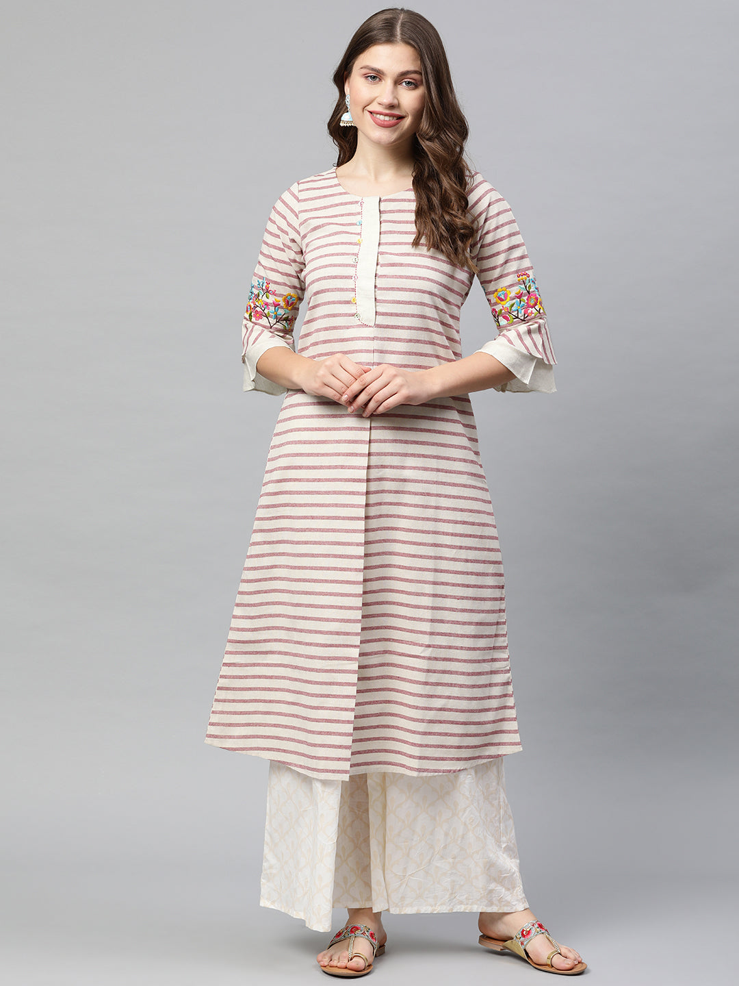 Neerus Pink cotton printed A-line kurti - front view
