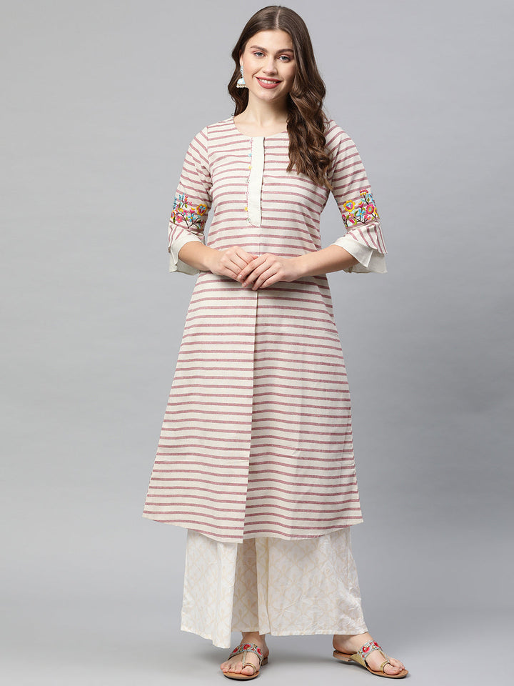 Neerus Pink cotton printed A-line kurti - front view