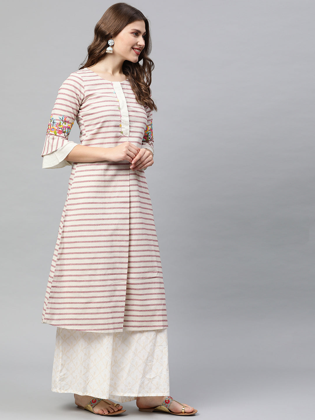 Neerus Pink cotton printed A-line kurti - side view