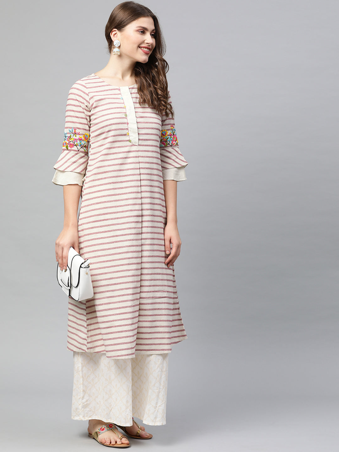 Neerus Pink cotton printed A-line kurti - detail view 2