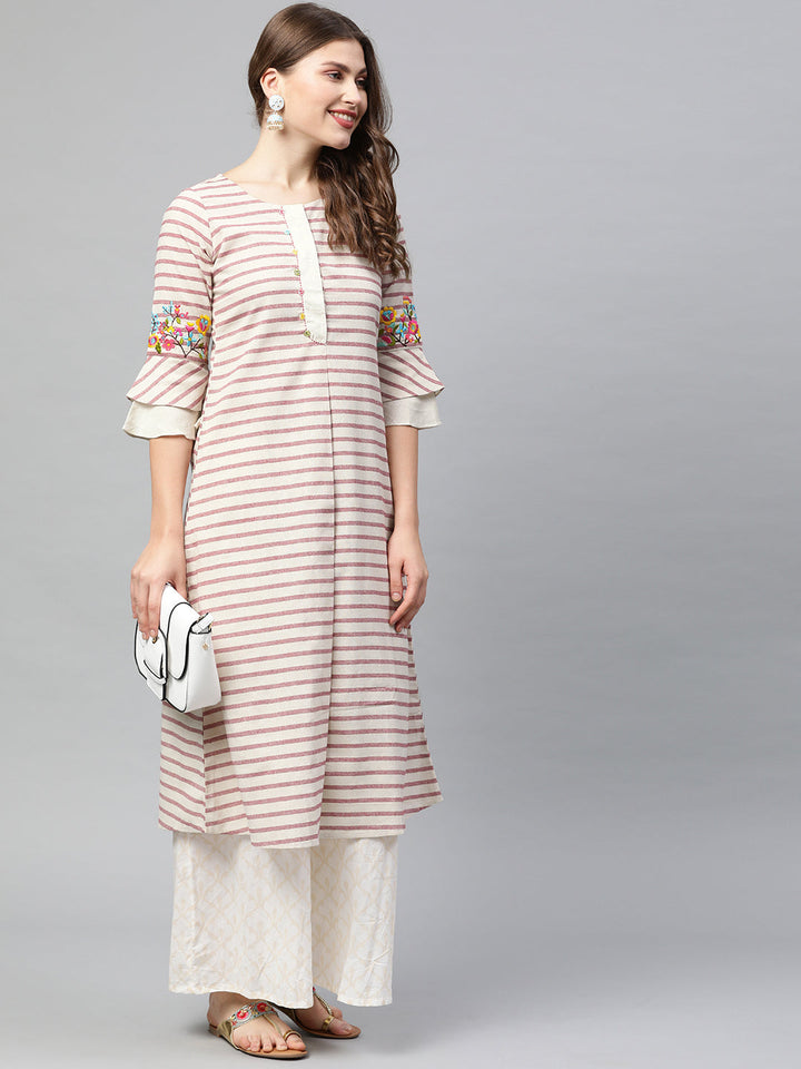 Neerus Pink cotton printed A-line kurti - detail view 2