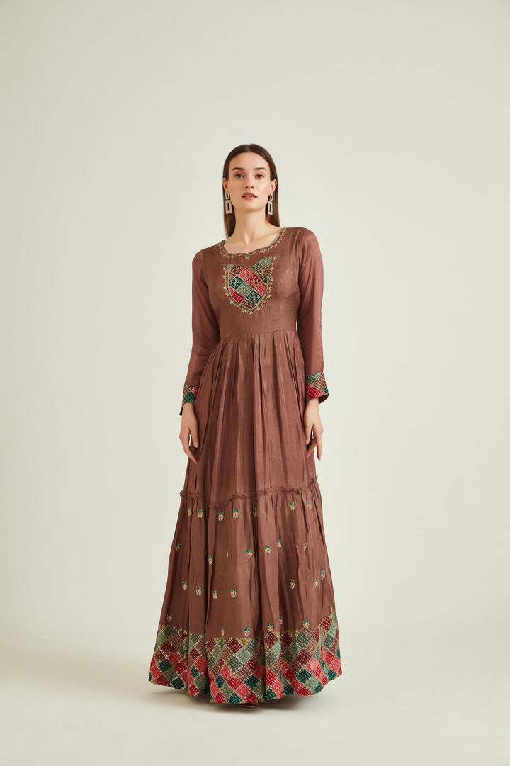 Neerus Brown silk mirror work tiered gown with net dupatta - front view