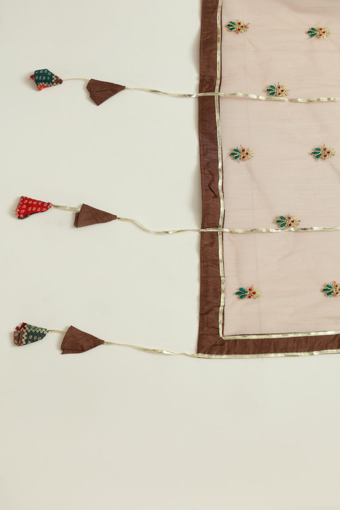 Neerus Brown silk mirror work tiered gown with net dupatta - detail view 2