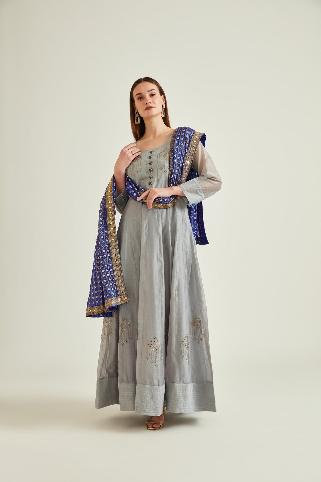 Neerus Grey Chanderi embellished Anarkali kurta set - front view