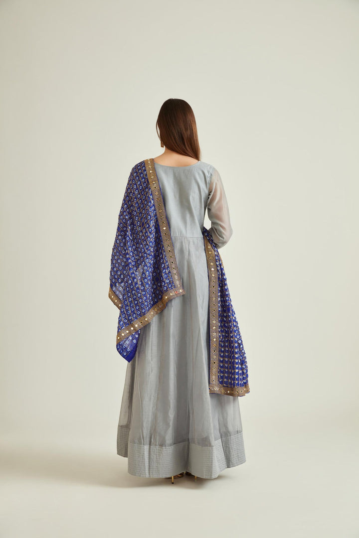 Neerus Grey Chanderi embellished Anarkali kurta set - detail view 7