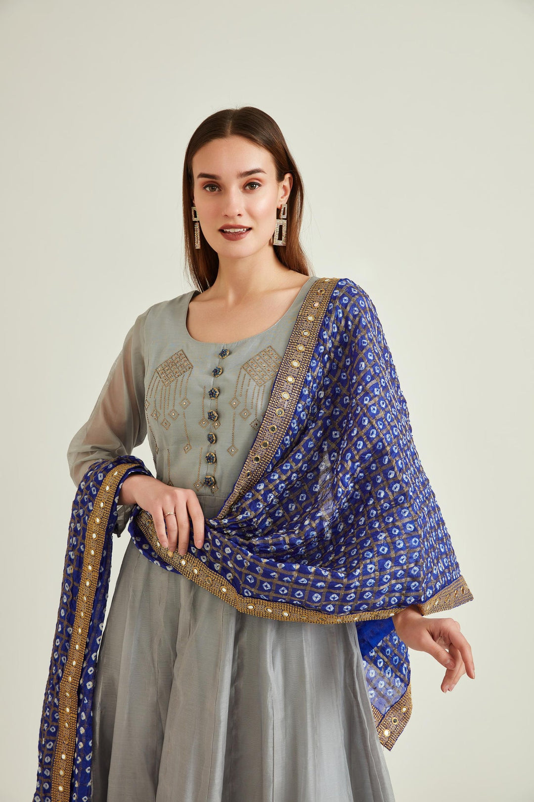 Neerus Grey Chanderi embellished Anarkali kurta set - detail view 8