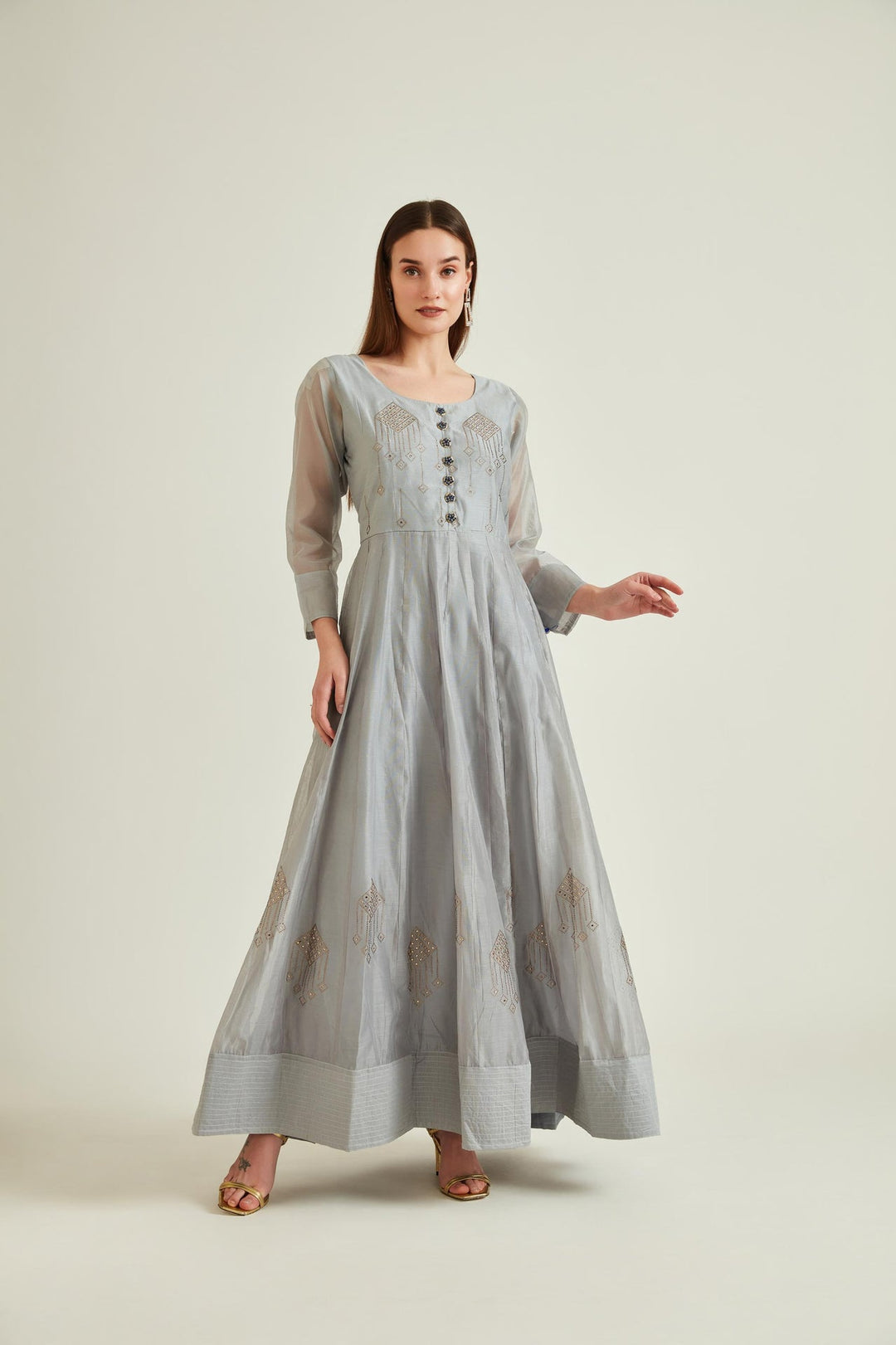 Neerus Grey Chanderi embellished Anarkali kurta set - detail view 9