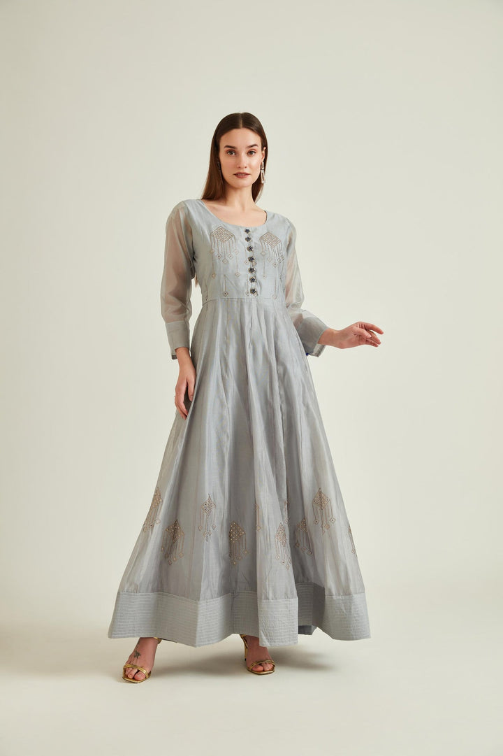 Neerus Grey Chanderi embellished Anarkali kurta set - detail view 9