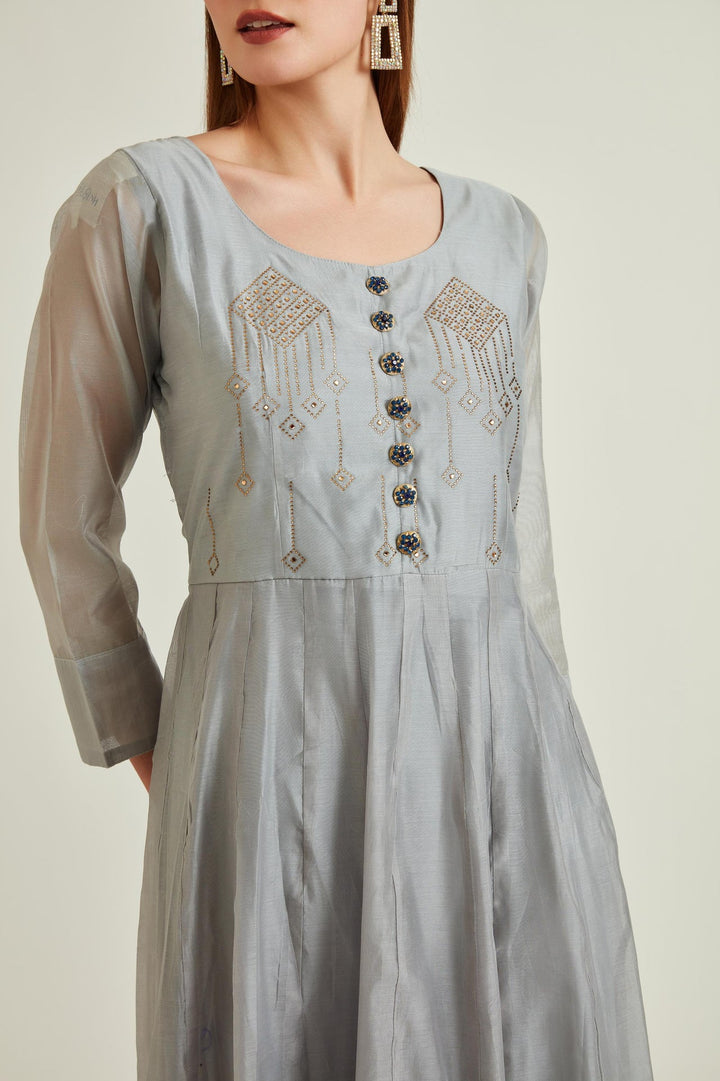 Neerus Grey Chanderi embellished Anarkali kurta set - detail view 10