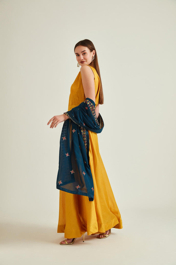 Neerus Yellow Chanderi embroidered anarkali kurta set - front view