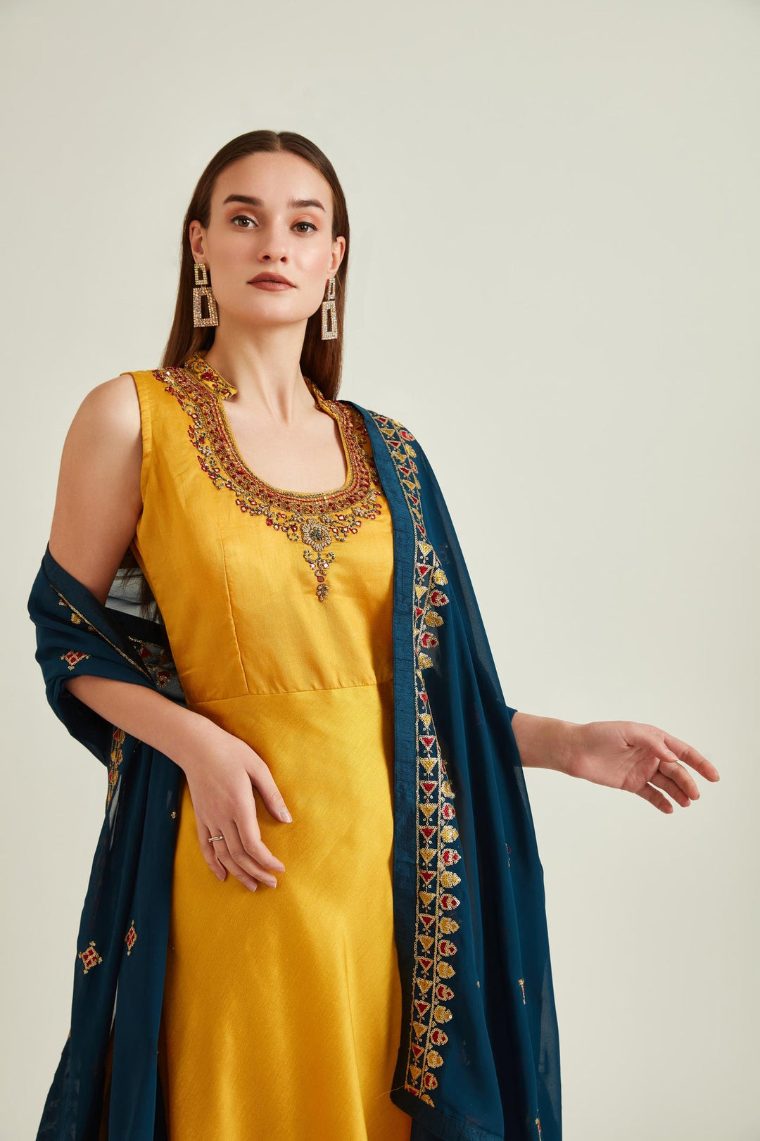 Neerus Yellow Chanderi embroidered anarkali kurta set - side view