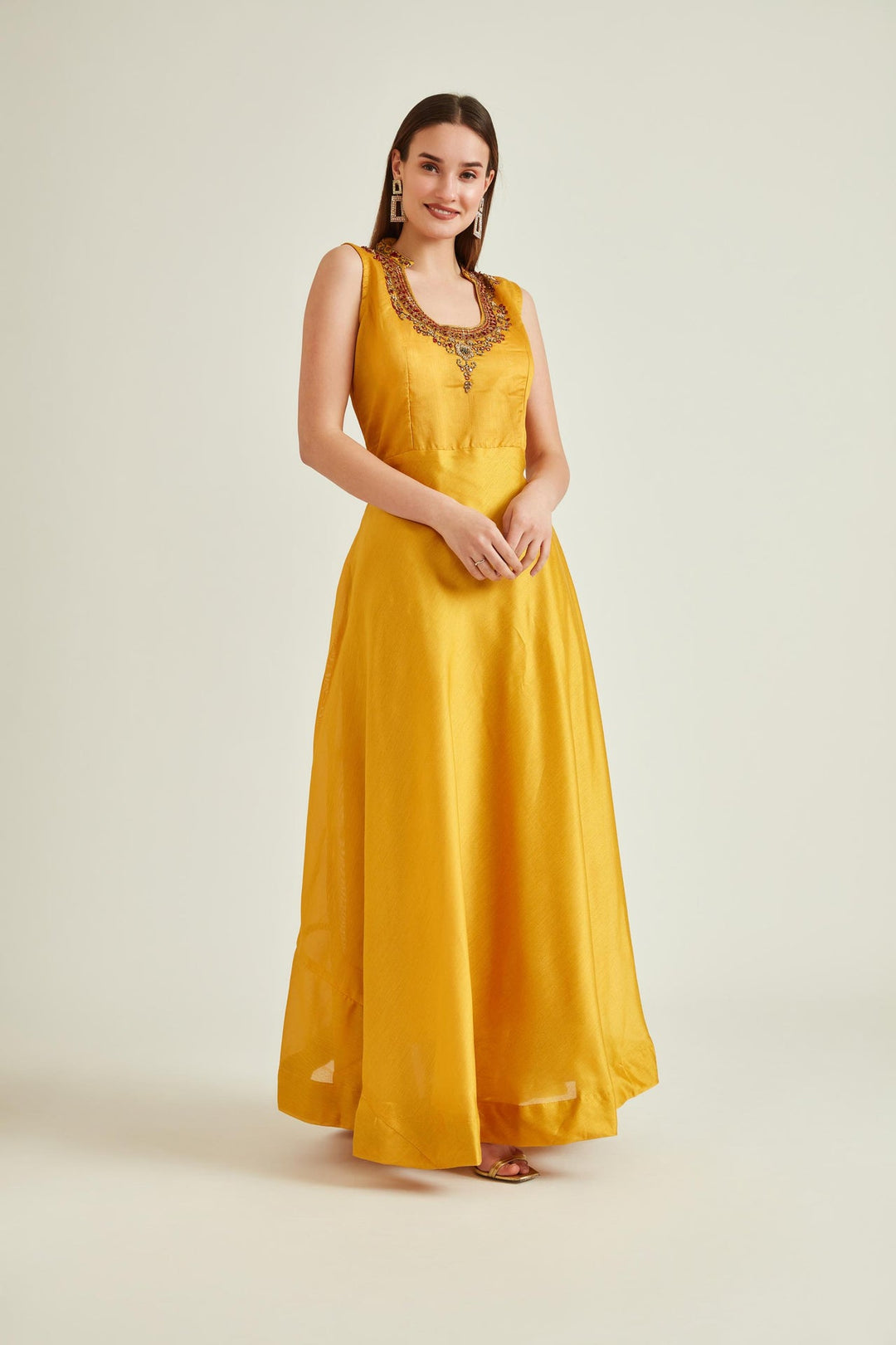 Neerus Yellow Chanderi embroidered anarkali kurta set - detail view 1