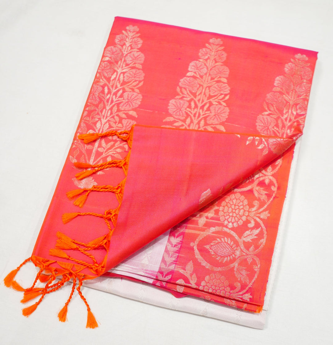 Neerus White silk woven saree with zari border - side view
