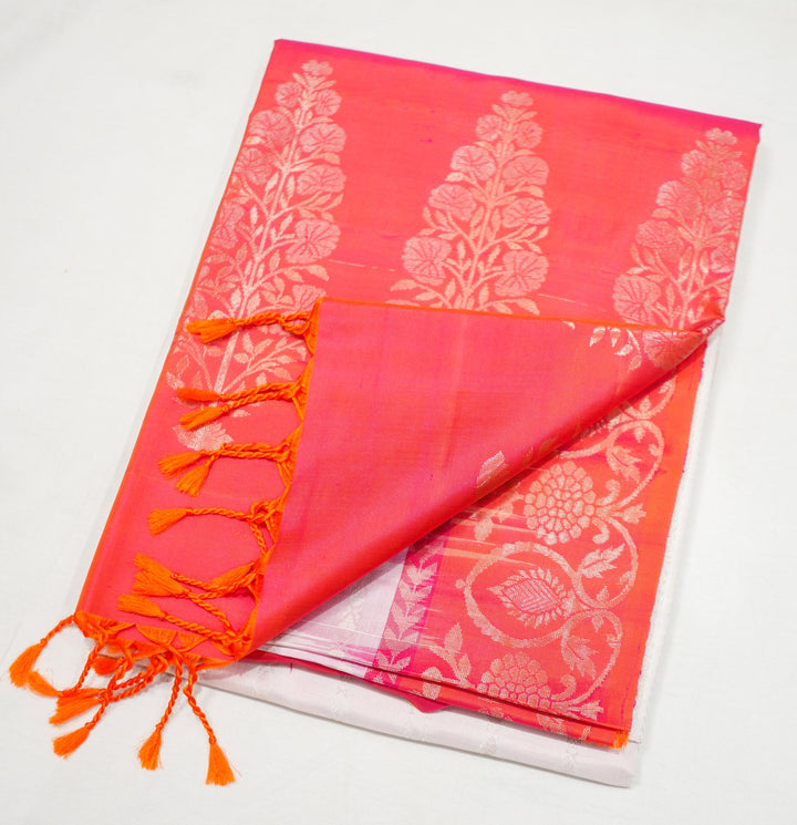 Neerus White silk woven saree with zari border - side view