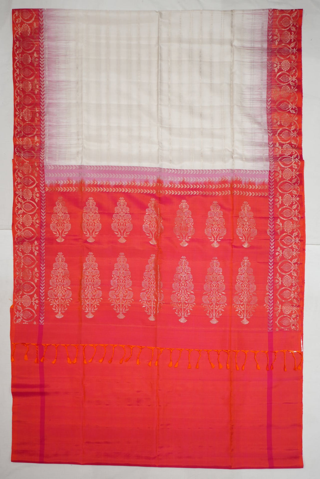 Neerus White silk woven saree with zari border - front view