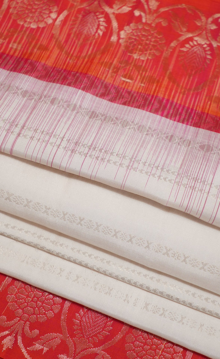 Neerus White silk woven saree with zari border - back view