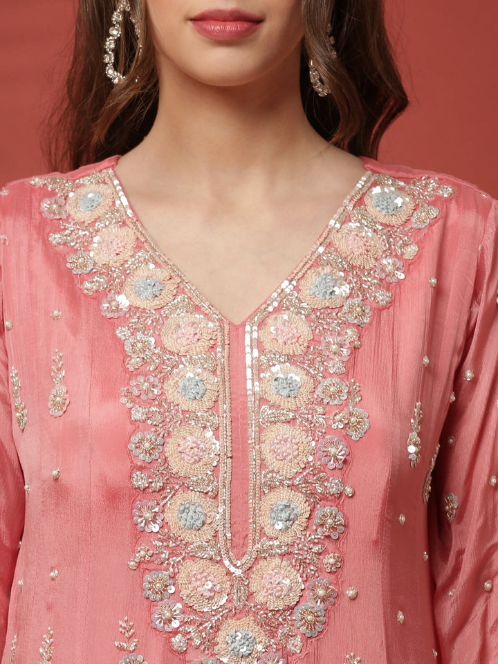 Neerus Pink chinon embellished flared suit set - detail view 1