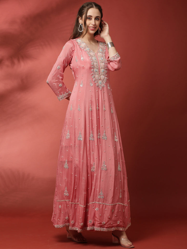 Neerus Pink chinon embellished flared suit set - back view