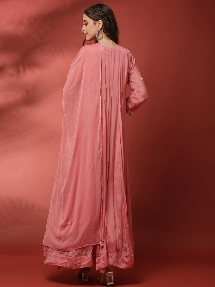 Neerus Pink chinon embellished flared suit set - side view