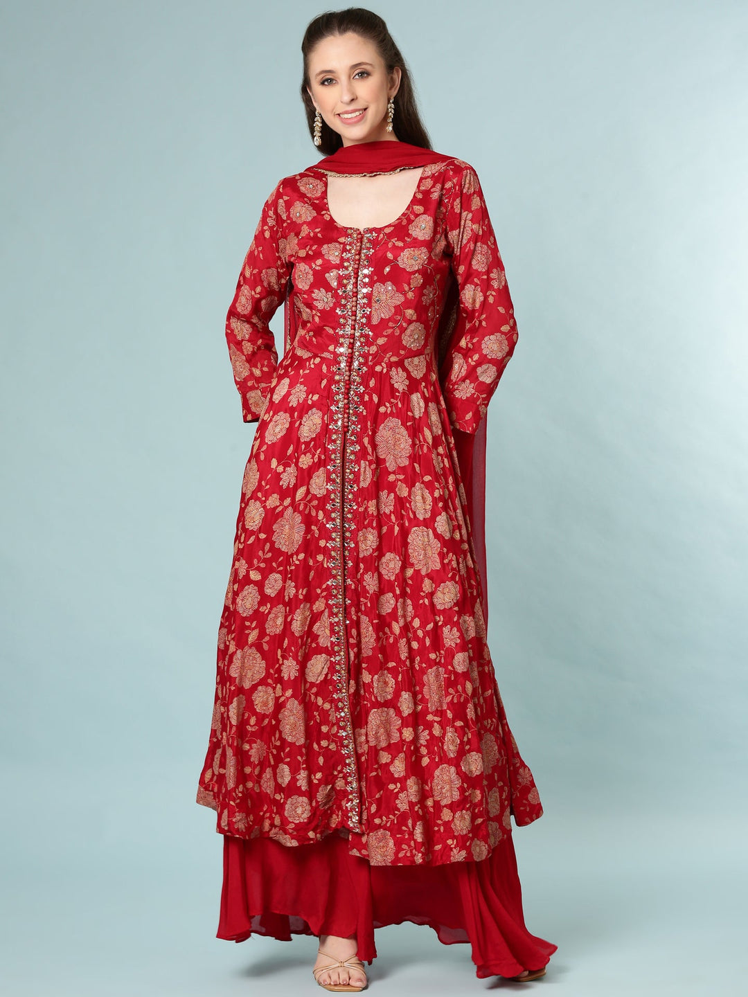 Neerus Maroon georgette digital printed Anarkali suit set - front view