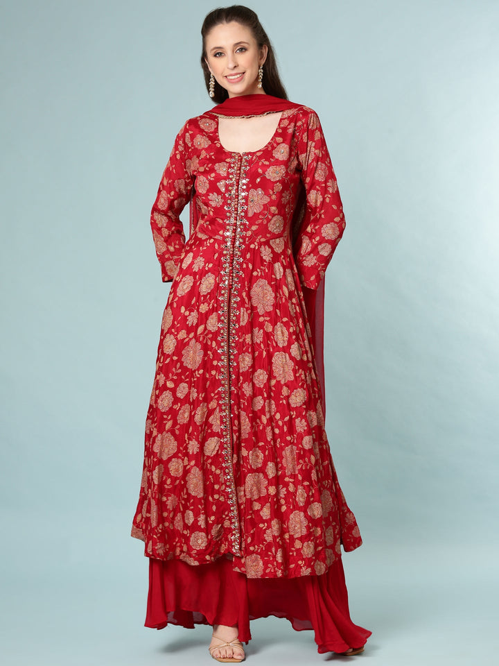 Neerus Maroon georgette digital printed Anarkali suit set - front view