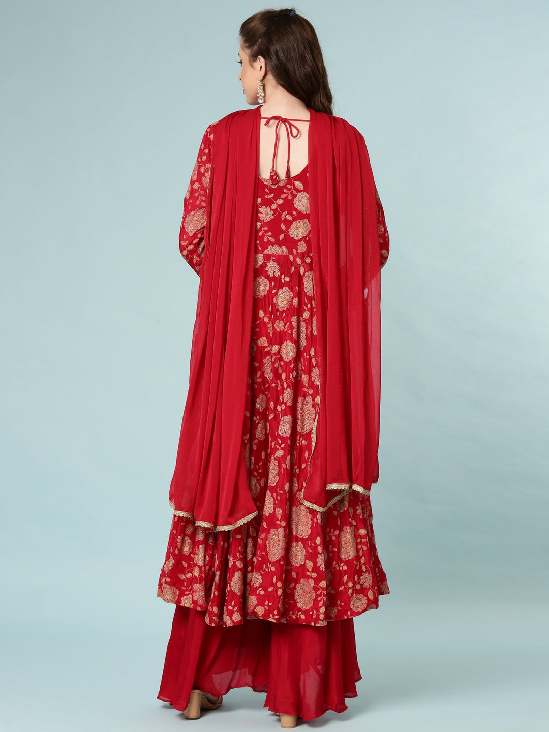 Neerus Maroon georgette digital printed Anarkali suit set - side view