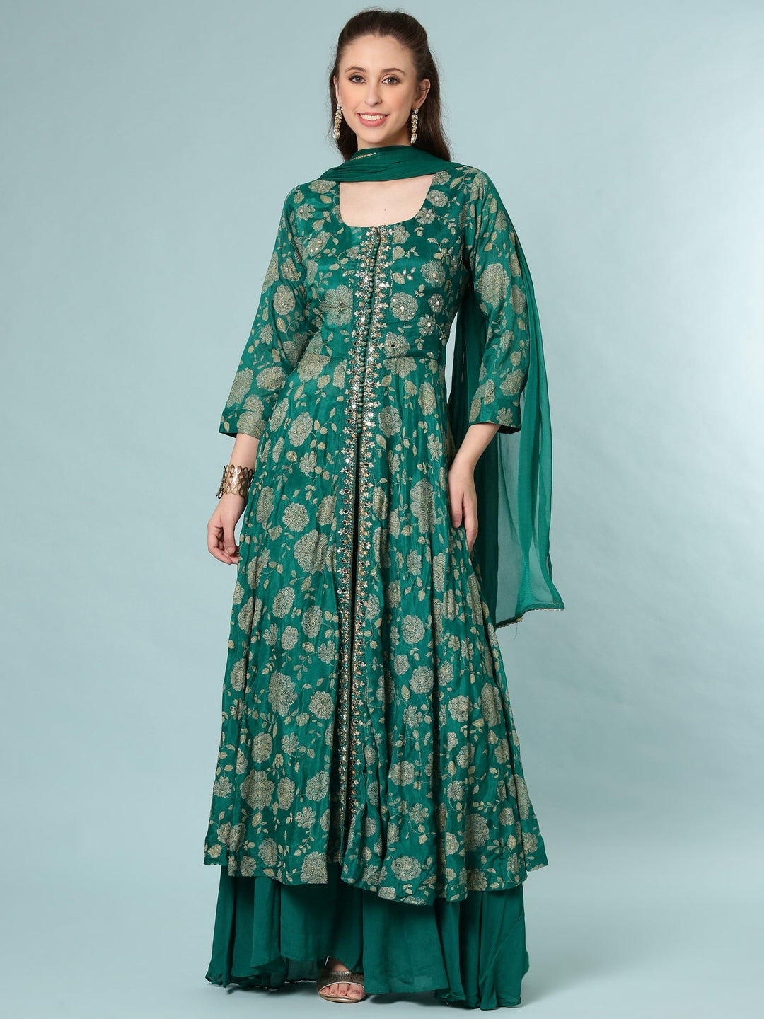 Neerus Green georgette digital printed Anarkali suit set - front view