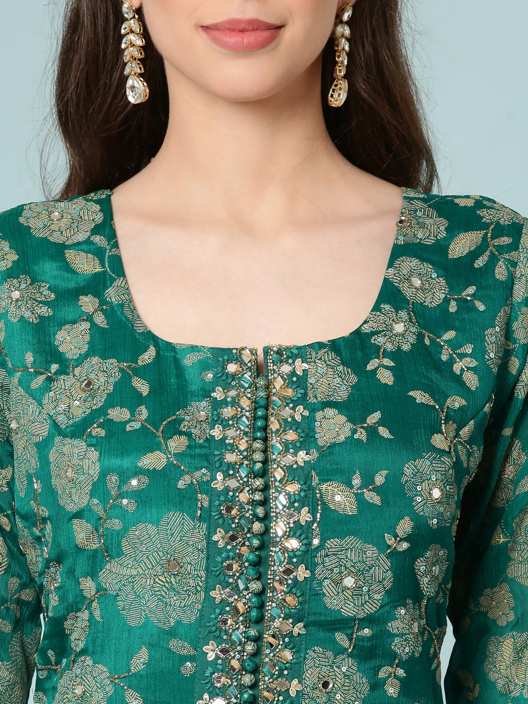 Neerus Green georgette digital printed Anarkali suit set - detail view 1