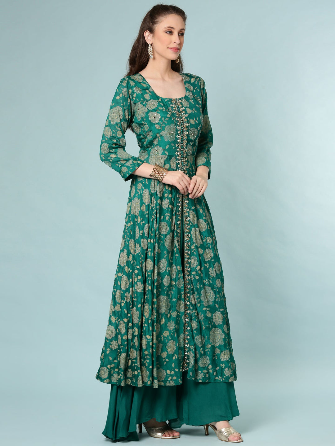 Neerus Green georgette digital printed Anarkali suit set - back view