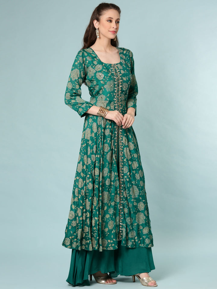 Neerus Green georgette digital printed Anarkali suit set - back view