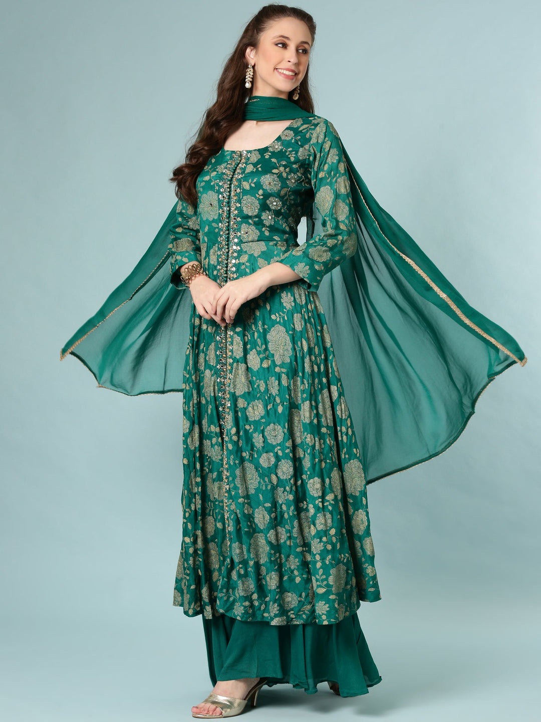 Neerus Green georgette digital printed Anarkali suit set - detail view 2