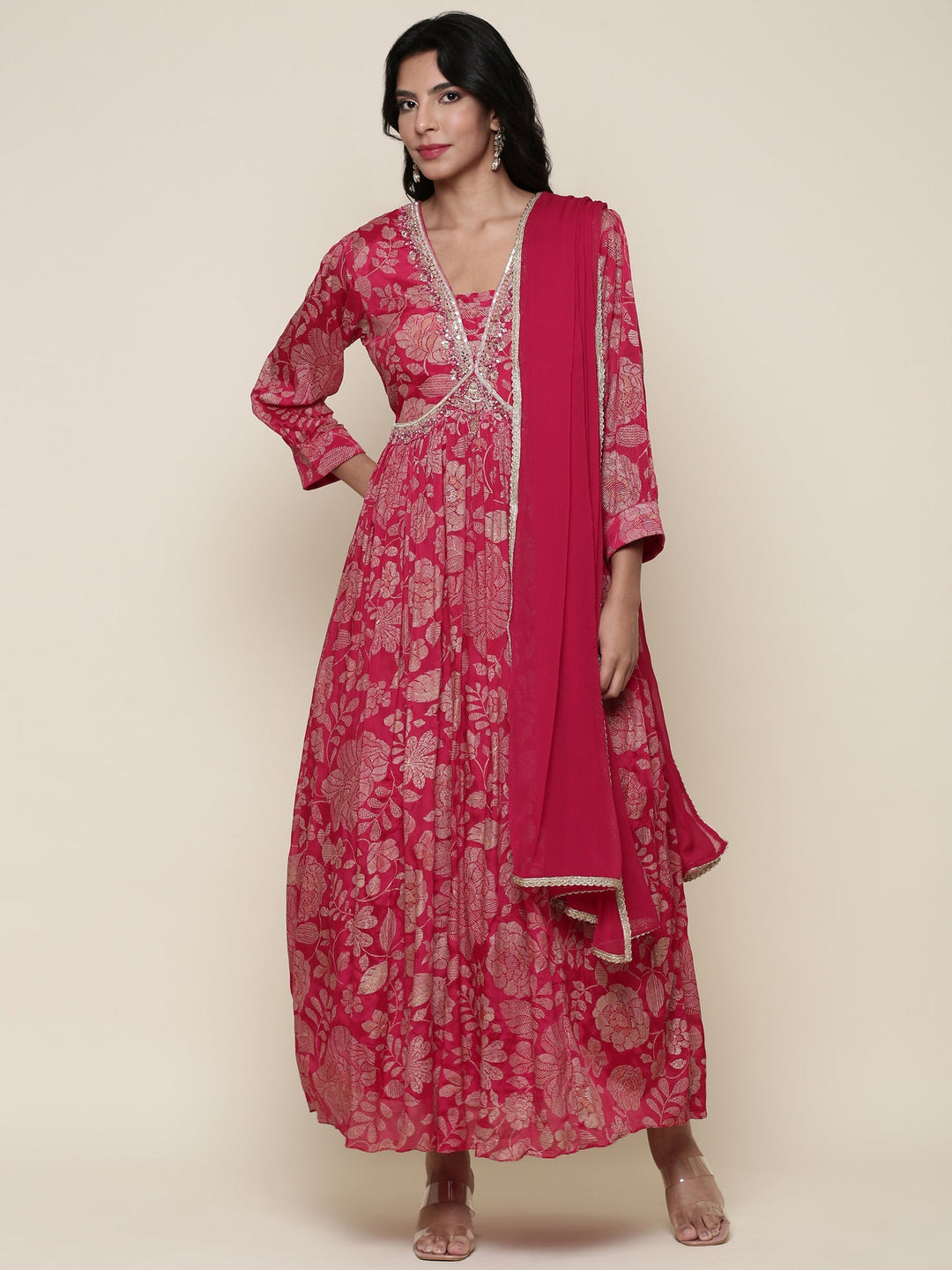Neerus Pink georgette embroidered suit set - detail view 3