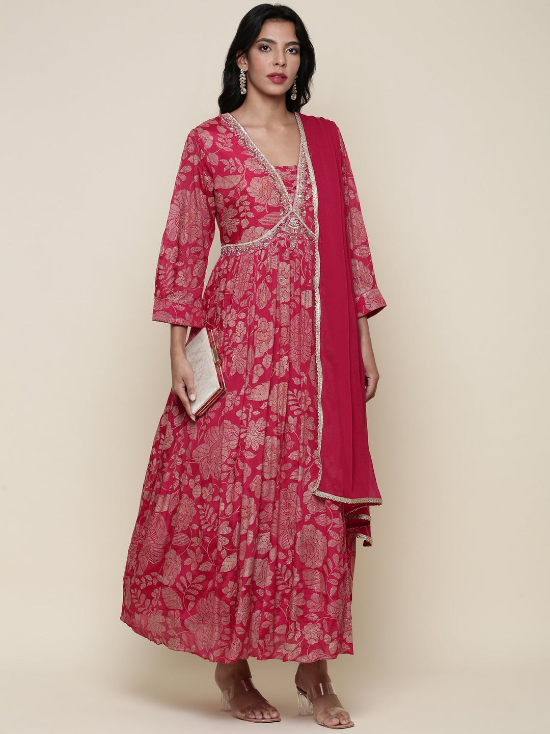 Neerus Pink georgette embroidered suit set - front view