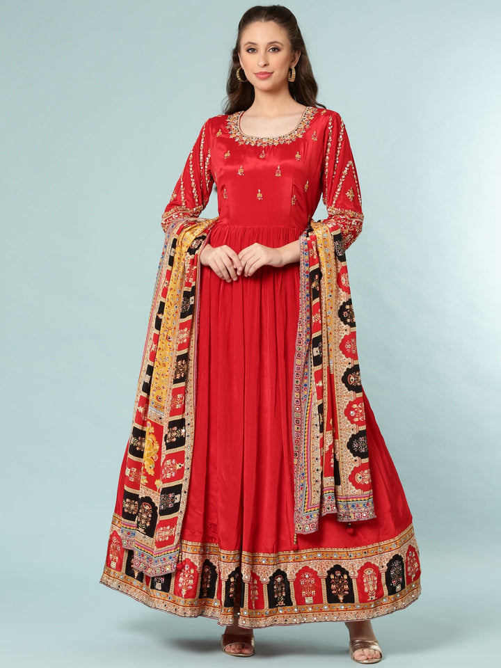 Neerus Red tissue anarkali suit set - front view