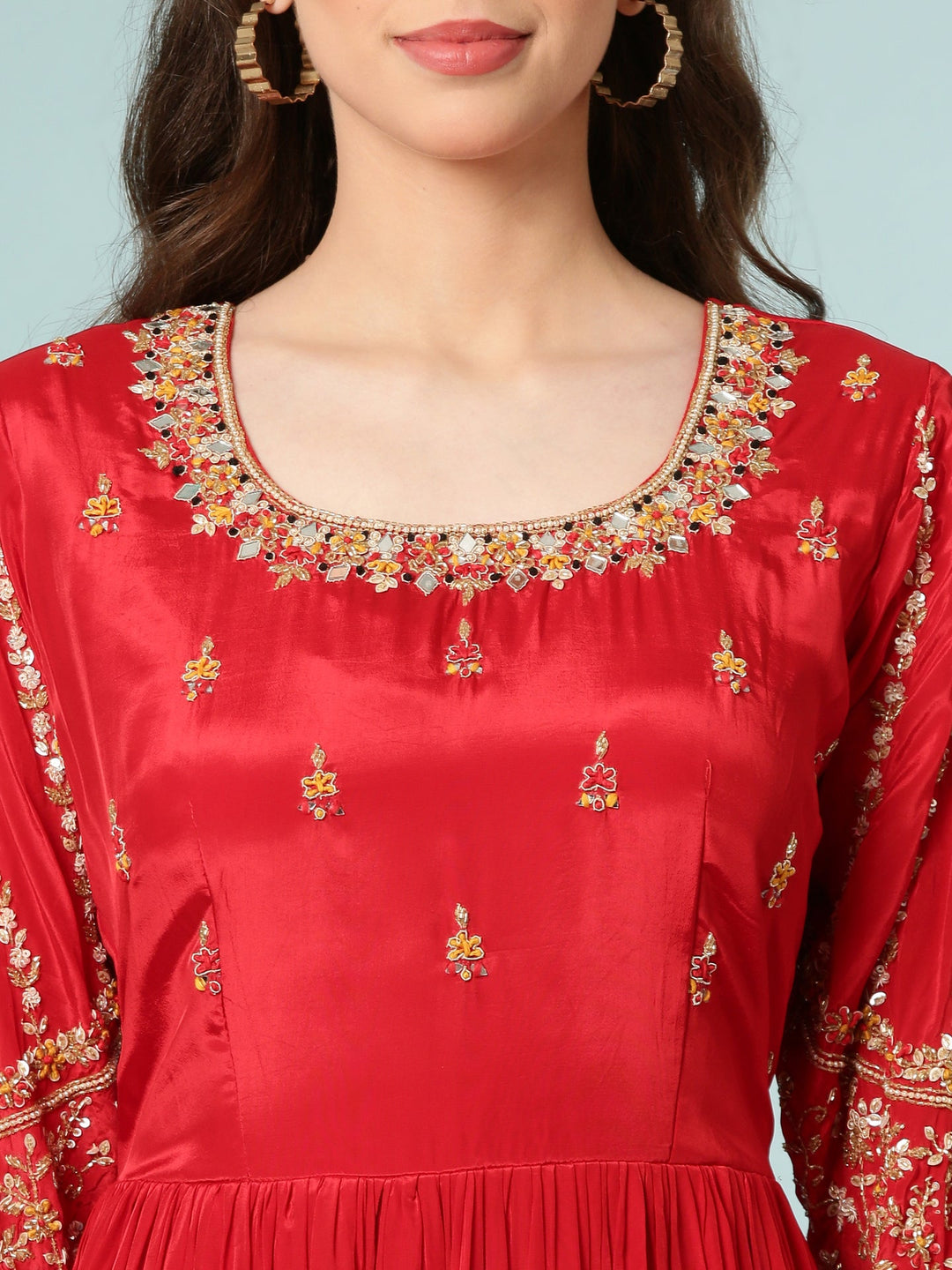 Neerus Red tissue anarkali suit set - detail view 1
