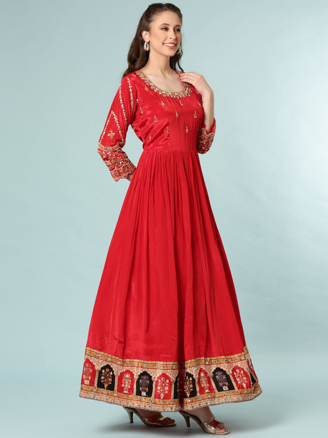 Neerus Red tissue anarkali suit set - back view