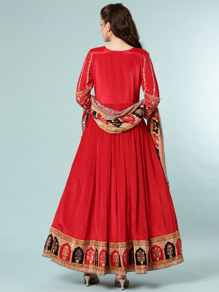 Neerus Red tissue anarkali suit set - side view