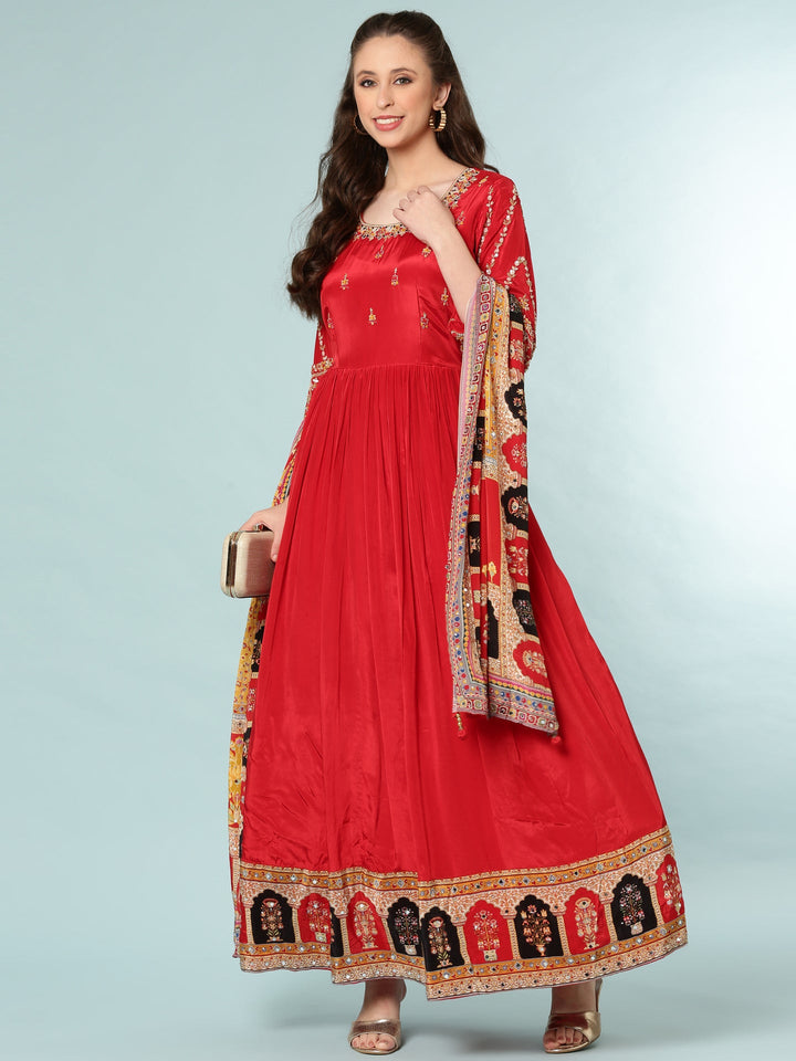 Neerus Red tissue anarkali suit set - detail view 2