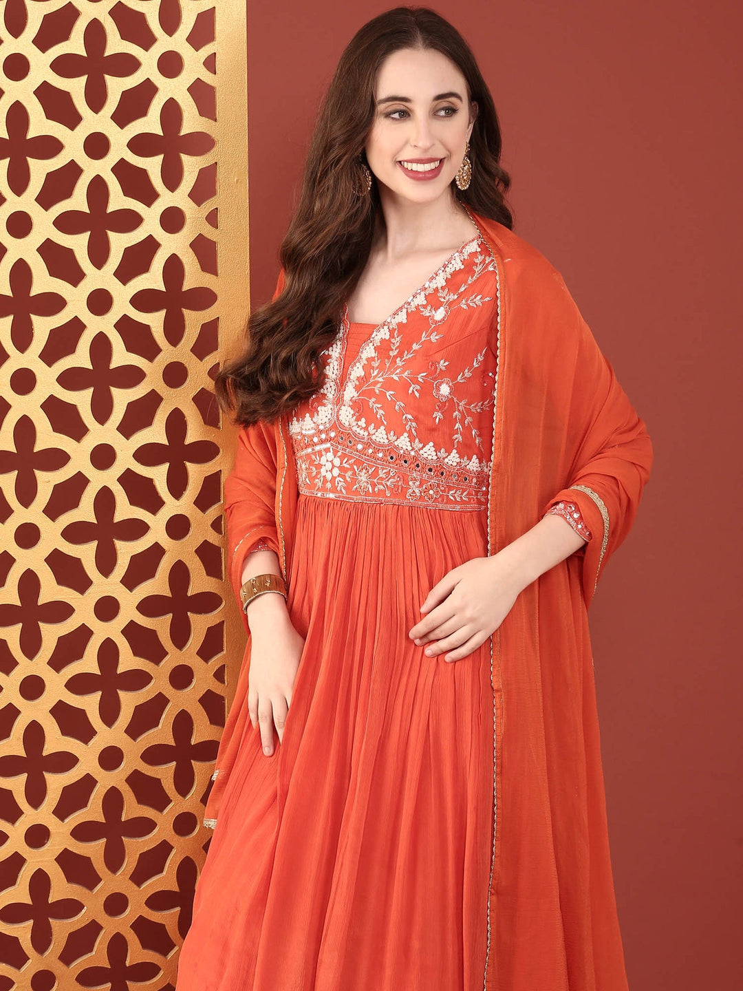 Neerus Orange Organza Hand Embroidered Anarkali Suit Set - detail view 2