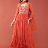 Orange Organza Floral Hand Embroidered Anarkali Set