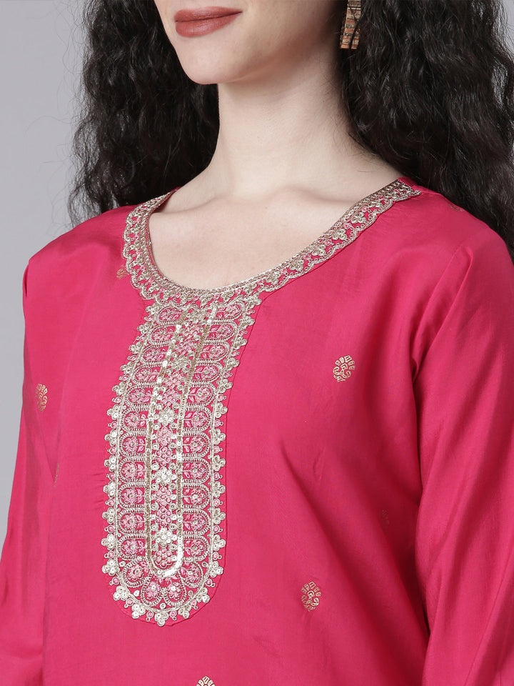 Neerus Pink Printed Straight Kurta and Trousers With Dupatta