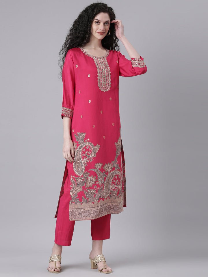 Neerus Pink Printed Straight Kurta and Trousers With Dupatta