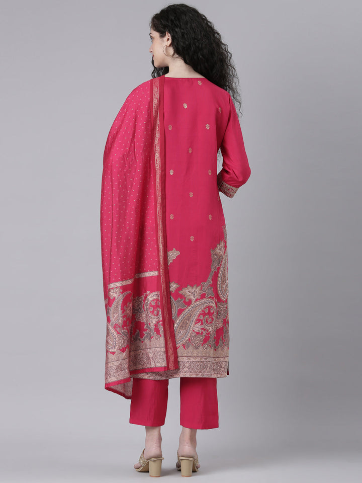 Neerus Pink Printed Straight Kurta and Trousers With Dupatta