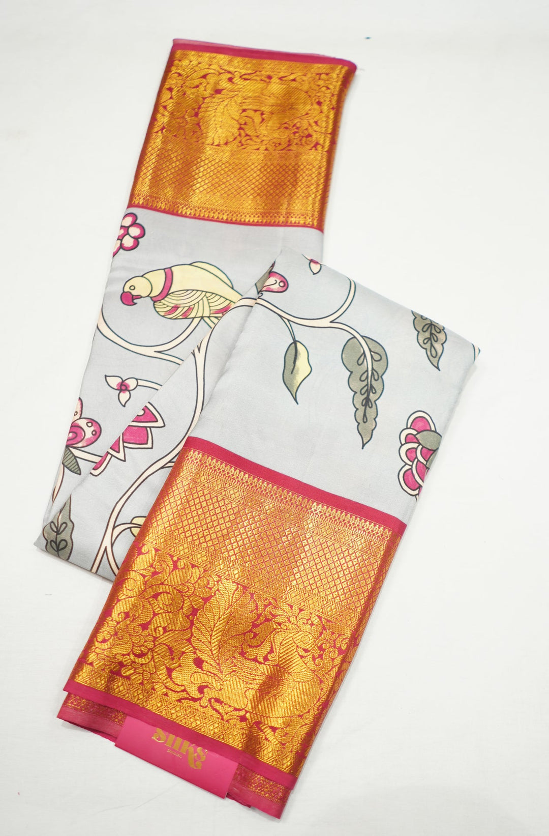 Neerus Grey silk woven Kanchi handloom saree with Kalamkari design - side view
