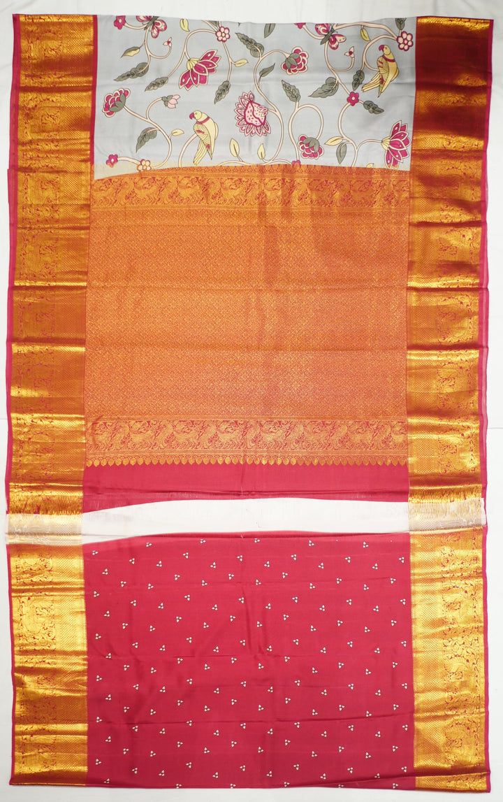Neerus Grey silk woven Kanchi handloom saree with Kalamkari design - detail view 2