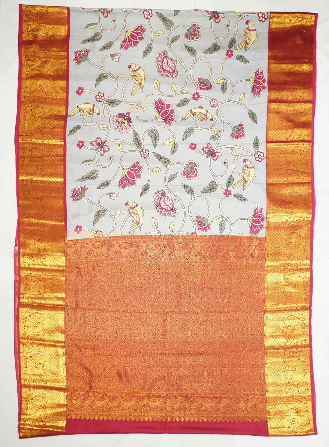 Neerus Grey silk woven Kanchi handloom saree with Kalamkari design - front view