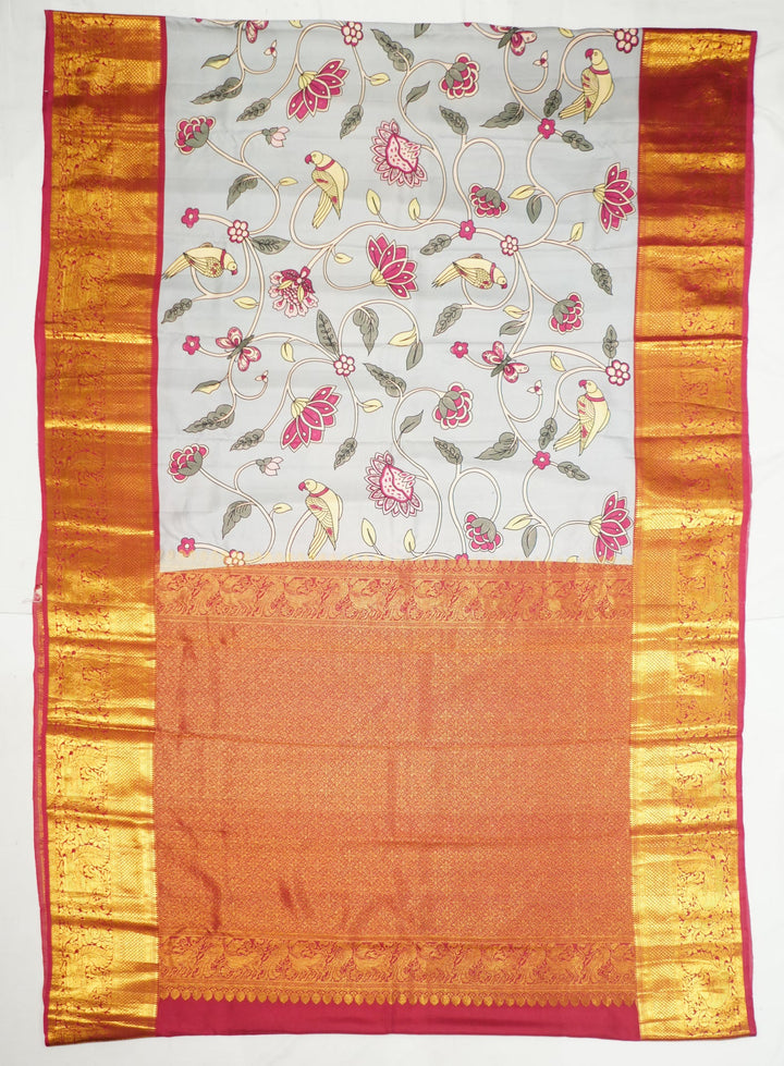 Neerus Grey silk woven Kanchi handloom saree with Kalamkari design - front view