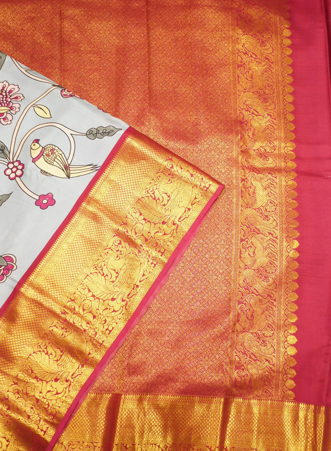 Neerus Grey silk woven Kanchi handloom saree with Kalamkari design - back view